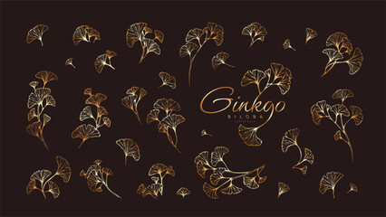 Ginkgo biloba floral logo and branch set. Hand drawn line wedding herb, elegant leaves for invitation save the date card. Botanical