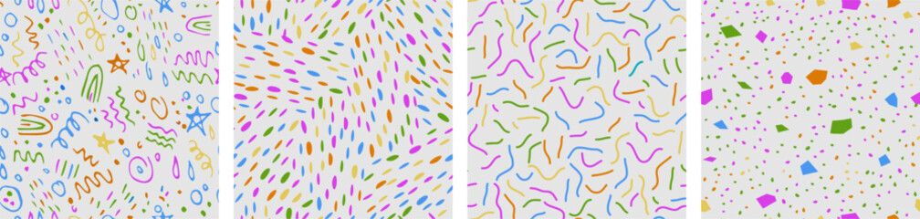 Set of colorful childish abstract hand drawn seamless pattern set. Contemporary minimal modern trendy freehand doodle. Templates for social media icons, posters. Vector