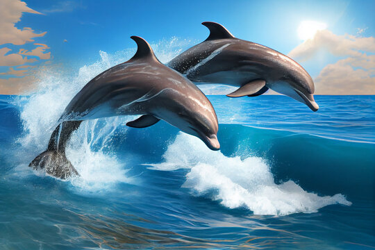 Two dolphins swim in the sea in the sun. AI generated