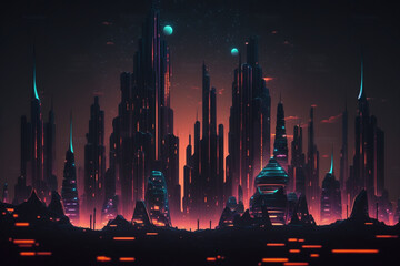 Neon Nightscape: Futuristic City Glowing in the Distance. Ai generated.