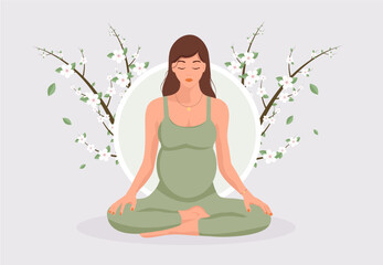 Beautiful pregnant woman meditating in lotus pose.