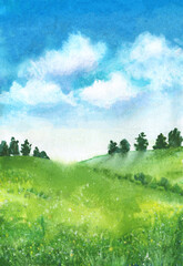 Watercolor landscape with blue sky, hills and green grass field and abstract trees, simple illustration with bright colors