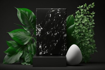 On a black background, a marble podium holds a sterile product next to a swatch of green foliage. Visualization of a conceptual setting for the purposes of advertising, public presentation, or aesthet