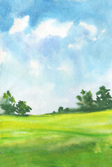 Watercolor illustration of green field and bright blue sky made of abstract brush strokes