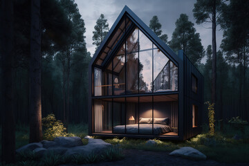 3D rendering evening bedroom house in the forest