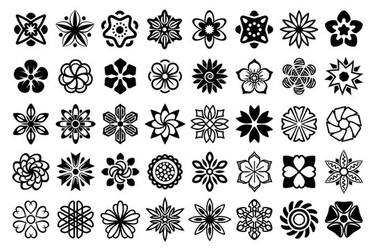 Floral design elements. Abstract black flower ornaments rounded design, without leaves. Floral icon, illustration vector set. 