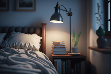 Cozy bedroom interior with book and reading lamp on bedside table - obrazy, fototapety, plakaty