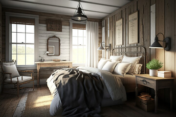 Farmhouse bedroom interior. 3d render