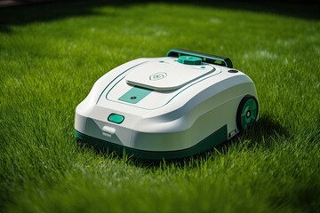 Here we have a photo of a robotic lawn mower hard at work in the yard. wide grassy area. substitute space for copy. Generative AI