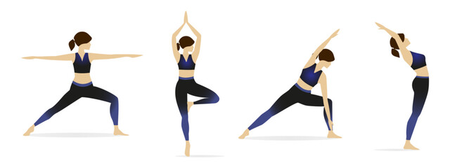 Big set of vector silhouettes of woman doing yoga exercises. Colored icons of a girl in many different yoga poses isolated on white background. Yoga complex. Fitness workout.