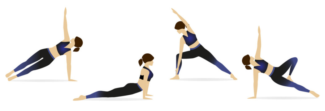 Big set of vector silhouettes of woman doing yoga exercises. Colored icons of a girl in many different yoga poses isolated on white background. Yoga complex. Fitness workout.