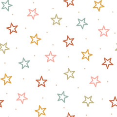 Abstract seamless vector pattern with hand drawn colorful stars. Cute modern background for kids room decor, nursery art, apparel, gift, fabric, textile, wrapping paper, wallpaper, packaging.