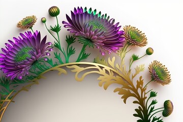 Purple Chrysanthemum with golden leaves on white background.