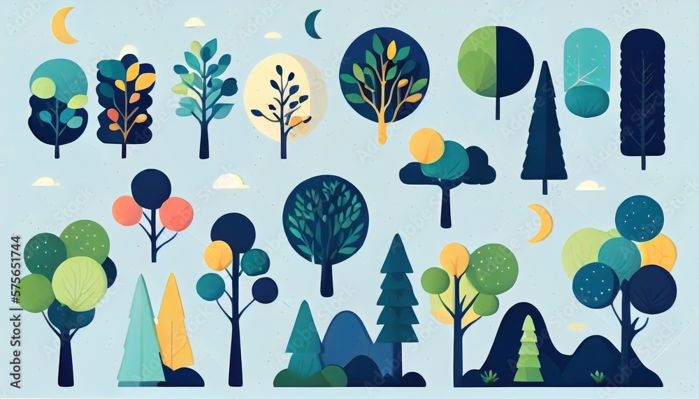 Wall mural set of trees and shrubs. collection of natural design elements trees with leaves. generative ai