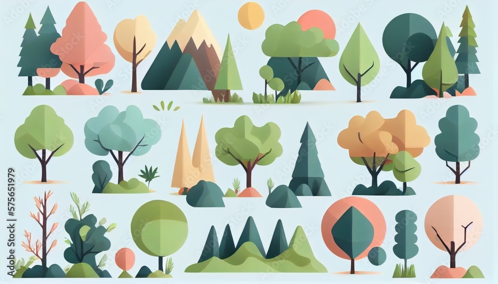 Wall mural set of trees and shrubs. collection of natural design elements trees with leaves. generative ai
