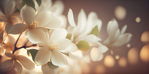 Floral feminine banner with jasmine flowers and bokeh glow. Created with Generative AI.	