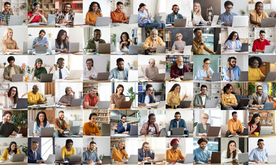 Mosaic of multiracial people using laptop indoors, collage