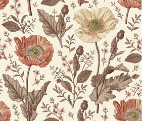 Seamless pattern. Beautiful blooming realistic isolated flowers. Vintage background fabric. Poppy Poppies wildflowers set. Wallpaper baroque. Drawing engraving sketch Vector victorian illustration    © Наталья Лобенко