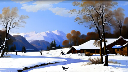 Winter mountains snowy landscape with pines forest and hills in the background. Illustration drawing of snow-covered field on which stands the house and traces of walking to it - AI-Generated