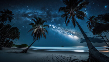 Tropical night summer beach, stunning seascape scene with starry sky, ocean and palm trees. Sea shore outdoor background. Vacation travel destinations. AI generative image.