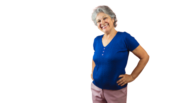 Women's Day - Smiling Mature Woman Pointing Isolated on Orange Background