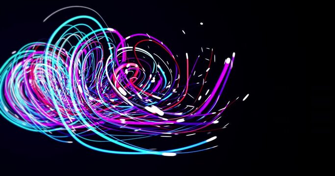 Abstract optical fiber wires. Neon glowing stripes twist and forms a spiral