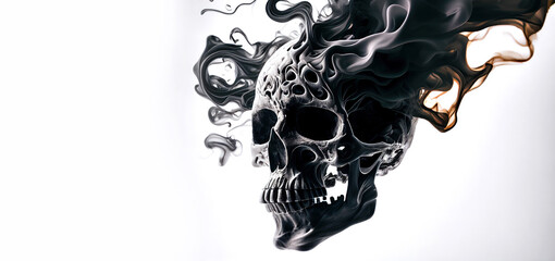 Black skull and smoke isolated on white background. Ai generated.