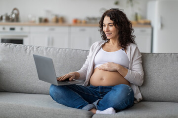 Naklejka premium Smiling young pregnant woman relaxing with laptop on couch at home