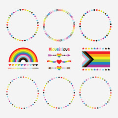 Creative colorful LGBTQ+ circle pattern emblems design element set with heart arrows, rainbow, hearts, stars and new flag icons on white background