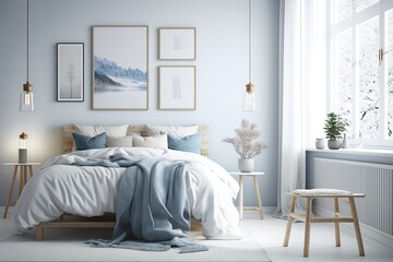 3d rendering of a white Scandinavian bedroom with ceiling lamp, a blue blanket throw, stools and a 2 art frames