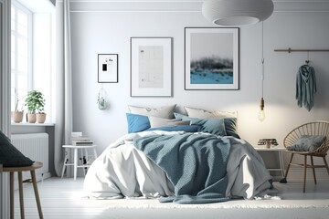 3d rendering of a white Scandinavian bedroom with ceiling lamp, a blue blanket throw, stools and a 2 art frames