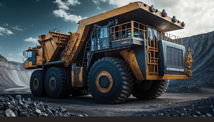 Fototapeta na wymiar A large quarry dump truck in a coal mine. Loading coal into body work truck. Mining equipment for the transportation of minerals. by ai generative