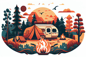 Camping site with tent, bonfire and camper van. Summer camp vacation vector illustration.