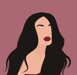Vector flat image of a young and attractive lady. The girl in the top and with long dark hair. Design for avatars, posters, backgrounds, templates, banners, textiles, postcards.