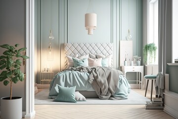 Scandinavian bedroom interior with bed in pastel beige and mint colors