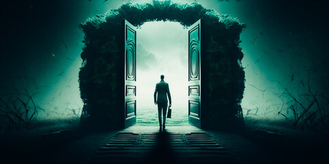 Businessman walking to open big gate to a new better green world