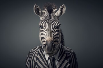 Zebra in business suit. Photorealistic studio shot with grey background. Funny Wallpaper. Generative AI.