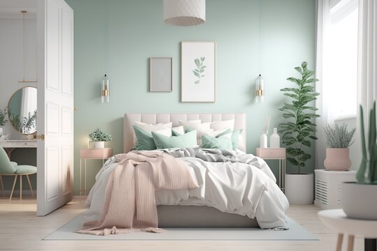 Scandinavian bedroom interior with bed in pastel beige and mint colors