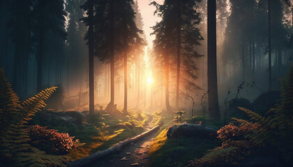 Magical Sunlit Forest .Generative AI