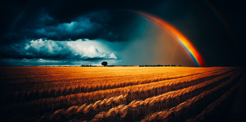 Colorful rainbow after the storm passing over a field