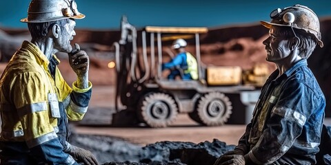 Fototapeta premium Two miners wearing safety gear conversing under artificial light with heavy machinery in the background.
