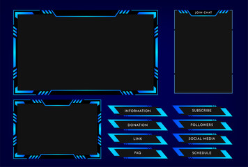 Twitch stream overlay panel template with bluetheme. Digital streaming screen interface. Live video stream. Vector