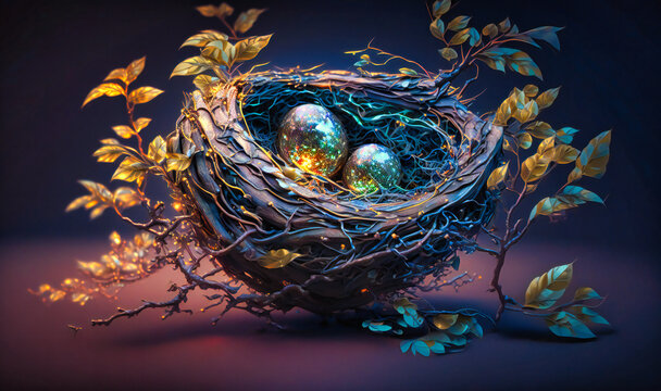 A bird's nest, nestled in the branches of a tree, with speckled eggs inside