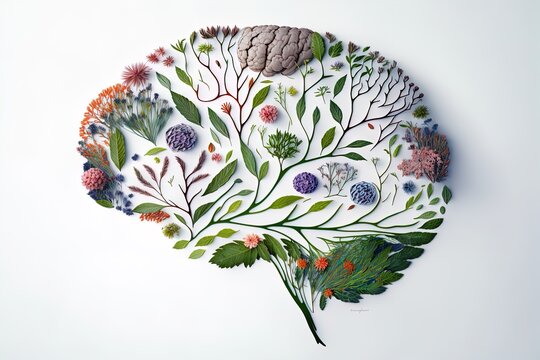 Human brain anatomy concept made of leaves and flowers on isolated background.