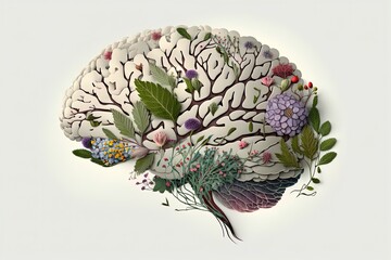 Human brain anatomy concept made of leaves and flowers on isolated background.