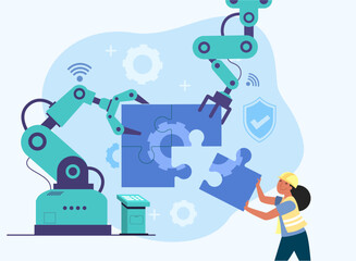 Human and robot arm helping to connect puzzle work