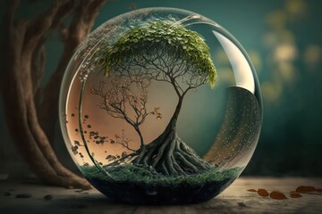 Tree in a crystal ball. Spring concept. Generative AI