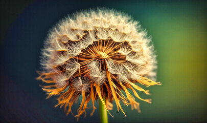 A dandelion gone to seed, its fluffy white head ready to be blown away by the wind