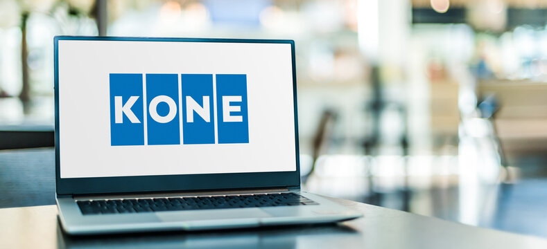 Laptop computer displaying logo of Kone