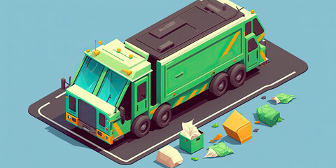 Isometric garbage truck with garbage collection - Generative AI